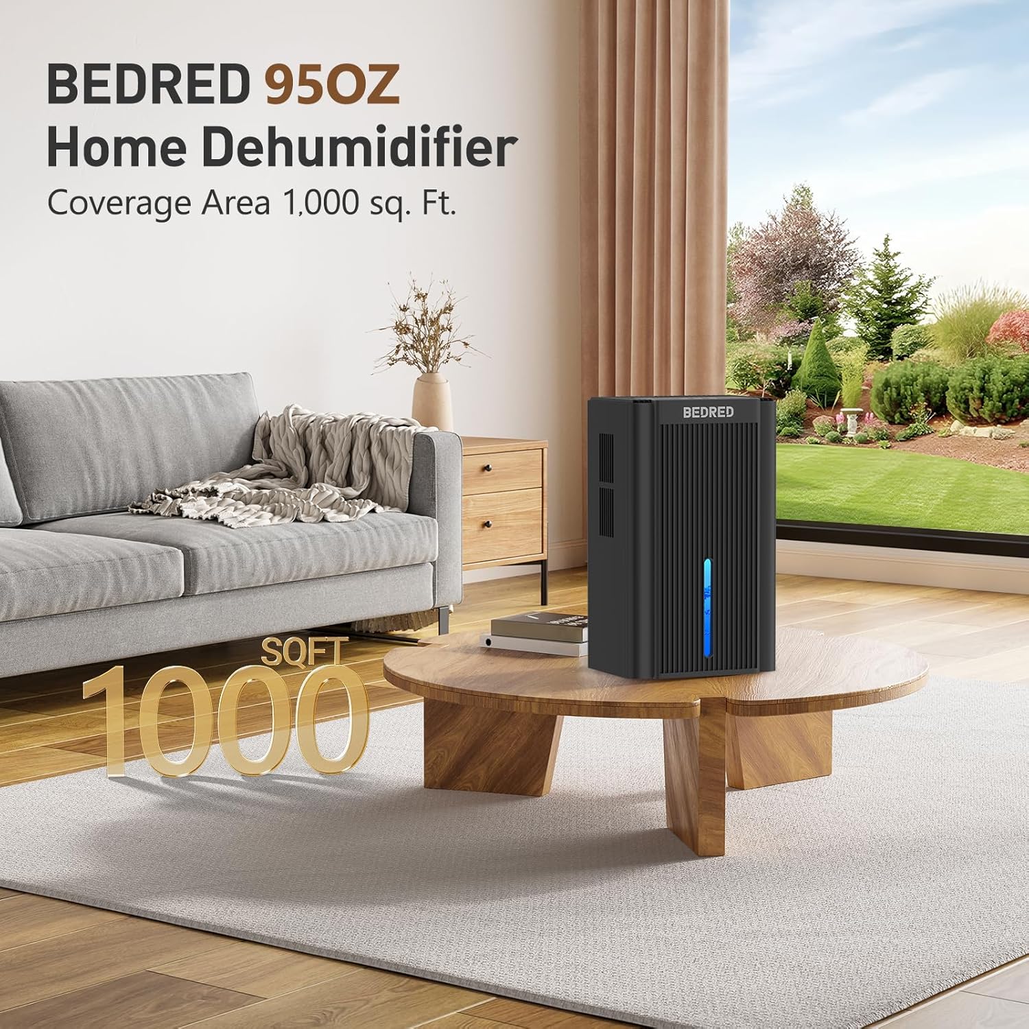 BEDRED compact dehumidifier with soft blue mood light in a modern room setting